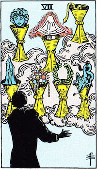 Tarotová karta Kalichová sedmička